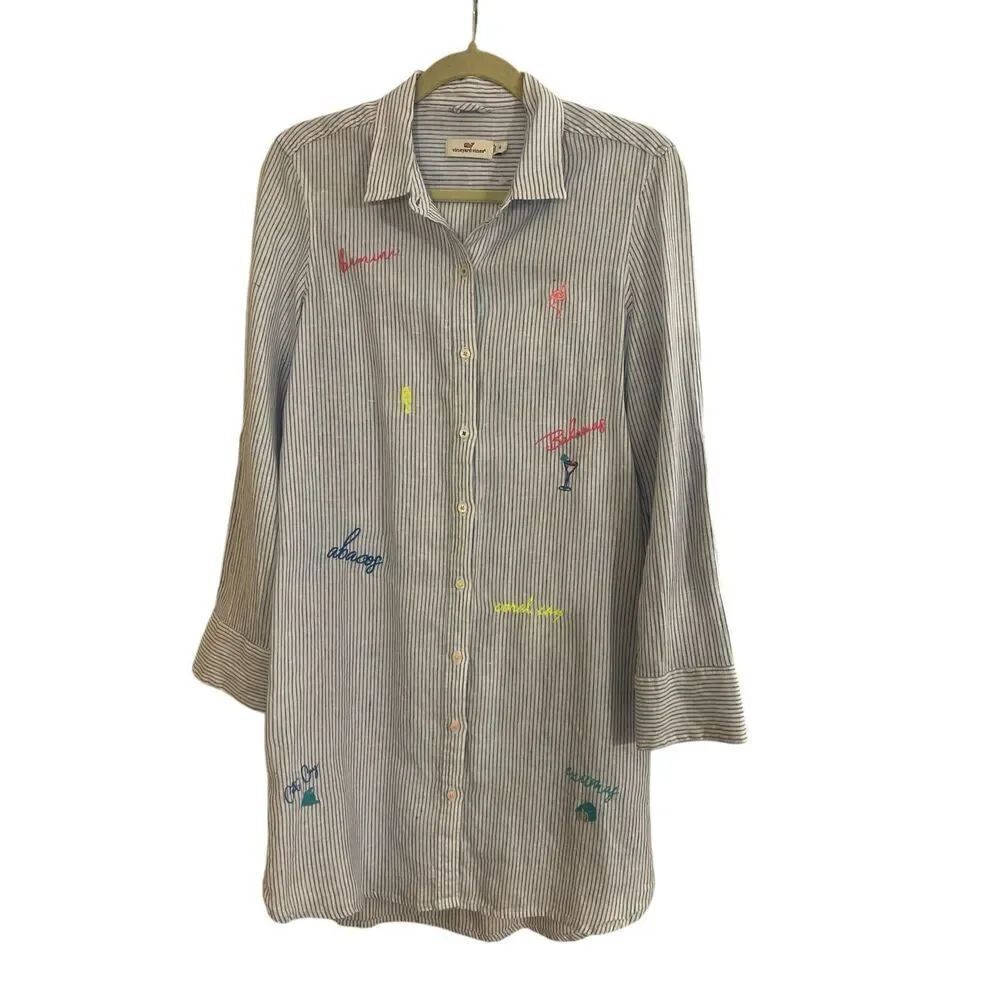 Vineyard Vines 100% linen embroidered beach cover / blouse striped sz 6